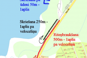 BĒRNU SIMBOLISKĀ DISTANCE, 50m skrējiens pa ūdeni + 500m velo (pa veloceliņu) + 250m skriešana. Trases shēma.